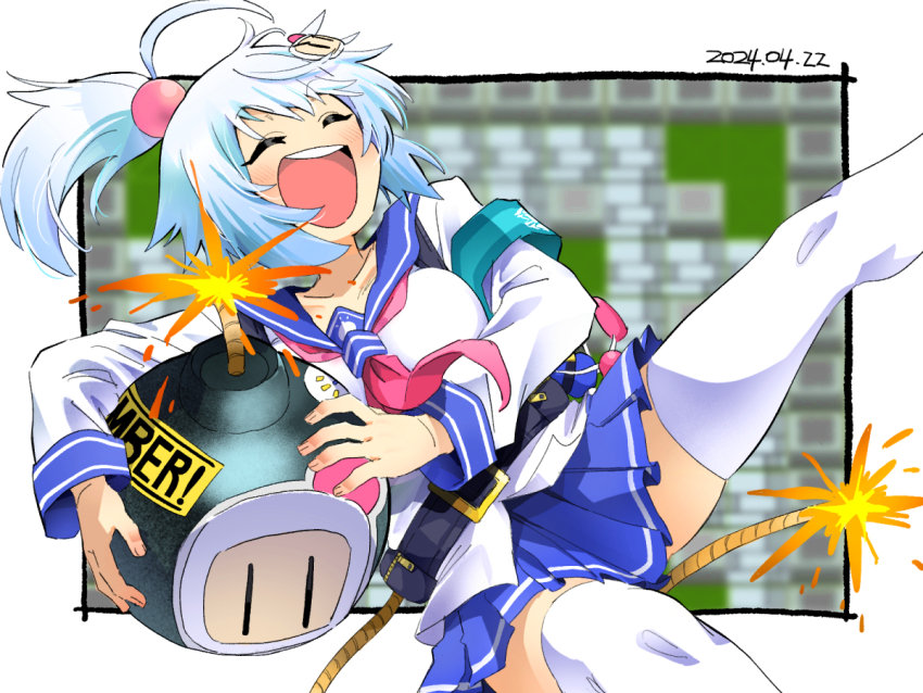 1girl armband belt blue_hair blue_skirt blush bomb bombergirl border breasts character_doll character_hair_ornament closed_eyes dated doll explosive feet_out_of_frame gradient_hair hair_bobbles hair_ornament holding holding_bomb lit_fuse long_sleeves miniskirt multicolored_hair neckerchief okachi open_mouth outside_border ponytail red_neckerchief sailor_collar shiro_(bombergirl) shirt side_ponytail skirt small_breasts smile solo thighhighs white_bomberman white_hair white_shirt white_thighhighs