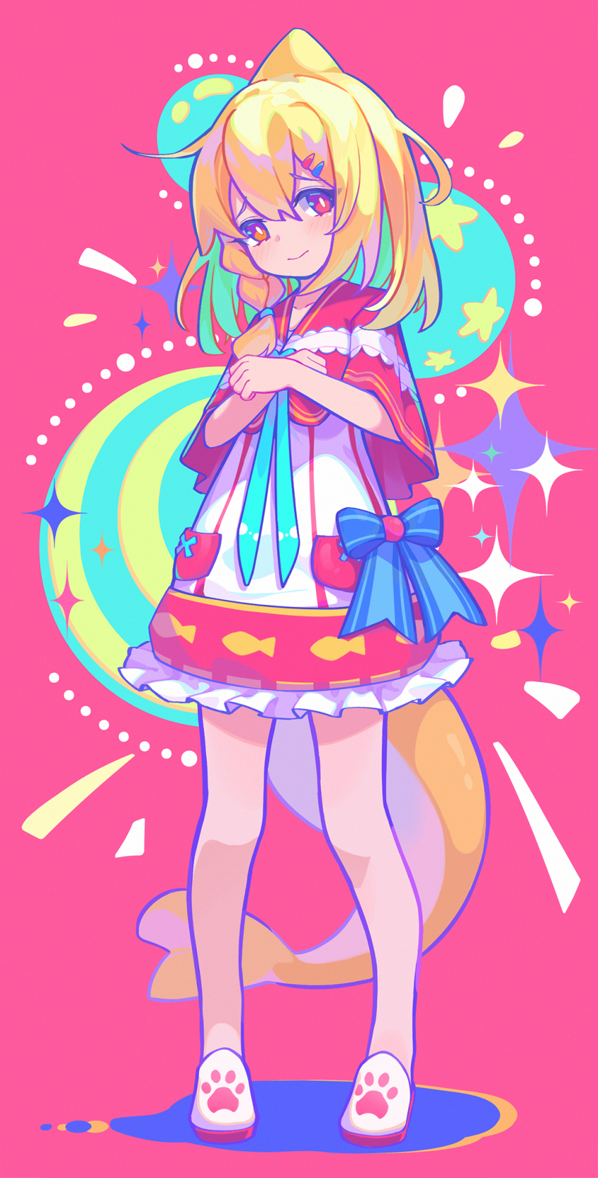 1girl animal_hands animal_print bilibili_3461583319600097 blonde_hair blush bow braid capelet cat_paws chinese_commentary commentary_request crossed_arms dress facing_viewer fins fish_print fish_tail frilled_dress frills full_body hair_between_eyes hair_ornament hairclip heterochromia highres indie_virtual_youtuber kaofish long_bangs looking_at_viewer patterned_background pink_background red_eyes shadow shark_tail shoes side_braid smile standing star_(symbol) tail white_shoes yellow_eyes