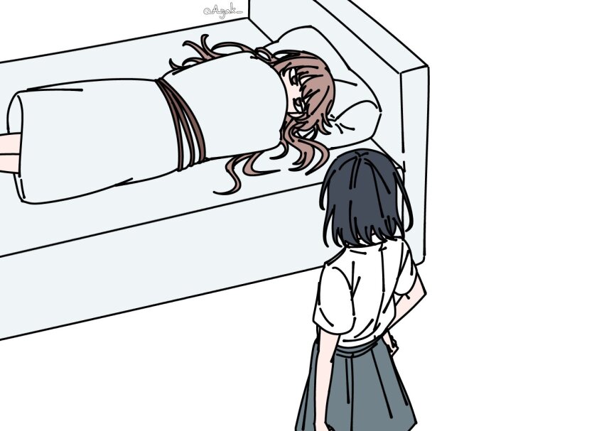 2girls a_jak black_hair bound brown_eyes brown_hair grey_skirt medium_hair miyagi_shiori multiple_girls on_bed pillow pleated_skirt school_uniform sendai_hazuki shirt shuuniichido_classmate_wo_kau_hanashi skirt tied_up_(nonsexual) twitter_username white_shirt wrapped_in_blanket