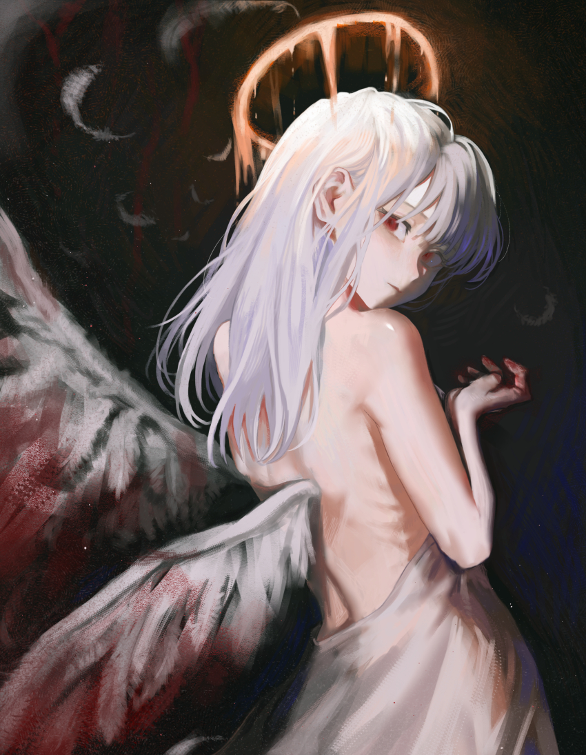 1girl absurdres bare_shoulders blood blood_on_hands bloody_wings clothes_down dark dress facing_viewer feathered_wings feathers from_behind halo highres kyano_(kyanora3141) light_particles long_hair melting_halo original red_eyes red_halo ribs solo upper_body white_dress white_hair wings