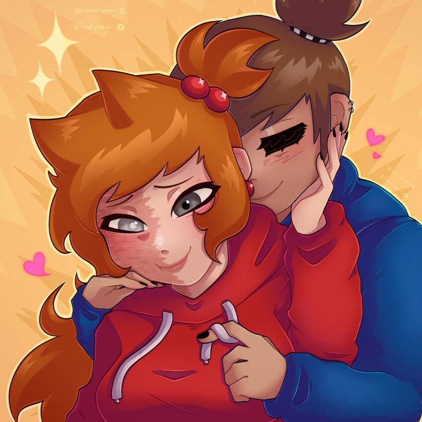 2girls behind_another blue_hoodie blush breasts corneal_scar eddsworld hand_on_another&#039;s_face highres hood hoodie hug large_breasts light_smile multiple_girls prepare4surgery red_hoodie scar scar_on_face scared tamara_(eddsworld) tori_(eddsworld) yuri