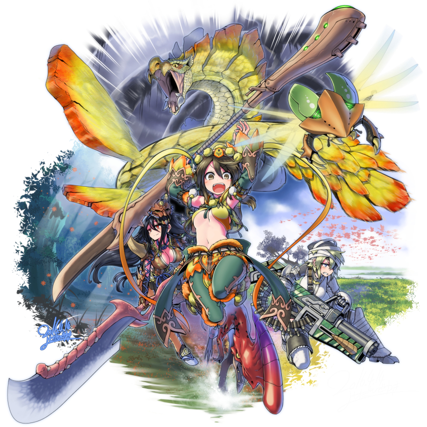 &gt;:d 10s 2016 3girls :d arms_up bandages bird black_hair blonde_hair blue_eyes breasts brown_eyes brown_hair bug cleavage dated detached_sleeves eyepatch grass grin gun hair_between_eyes highres holding holding_gun holding_sword holding_weapon iodrome kecha_wacha_(armor) khezu_(armor) long_hair mask mask_on_head medium_breasts monster monster_hunter_(series) multiple_girls najarala navel on_one_knee open_mouth outdoors pants red_eyes river serpent shoes short_hair signature silhouette smile sword tetsucabra_(armor) tree v-shaped_eyebrows very_long_hair water weapon yoshida_hideyuki