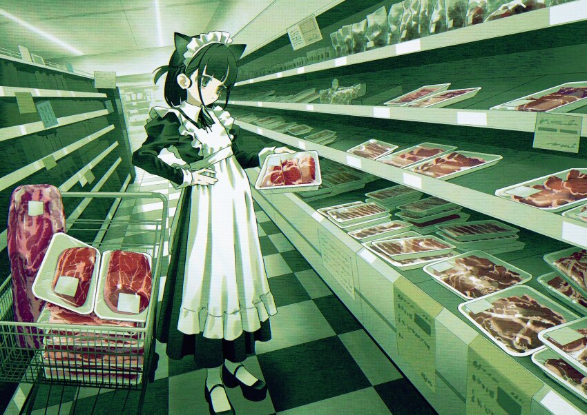 1girl animal_ears apron black_eyes black_hair black_ribbon black_shoes block_heels cat_ears color_filter extra_ears fanged_bangs food hand_on_own_hip happa_de_happy highres holding holding_food long_sleeves looking_at_food maid maid_apron maid_headdress meat original raw_meat ribbon shoes shopping_cart socks solo supermarket white_socks