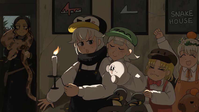 &gt;_&lt; 5girls :d absurdres arm_up bird black_hair black_overalls black_scarf blonde_hair bow bowtie candle capybara capybara_keeper_(diva) clenched_hand closed_eyes commentary diva_(hyxpk) donut_stamp duck english_commentary food fruit green_hat grey_hair hat head_wreath highres king_penguin long_hair makeup mandarin_orange multiple_girls neck_ribbon nervous_smile nervous_sweating open_mouth orange_overalls orange_ribbon overalls penguin penguin_fan_(diva) penguin_hat penguin_keeper_(diva) red_bow red_bowtie red_overalls ribbon scared scarf seal_keeper_(diva) seal_puppet shirt short_hair slice_of_life smile snake snake_keeper_(diva) sweat white_shirt zoo zookeeper zookeepers_(diva)