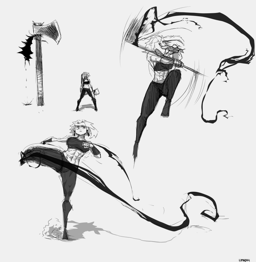 1girl abs absurdres axe breasts doodle fighting_stance greyscale hatchet hatchet_(axe) highres kicking limn044 monochrome muscular muscular_female muscular_legs original practicing roxan_(limn044) short_hair sketch weapon