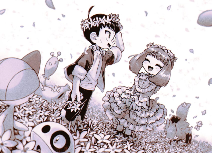 1boy 1girl aron bandaid bandaid_on_face bandaid_on_nose blunt_bangs brendan_(pokemon) closed_eyes dress flower frilled_dress frills funabara_(sksn_herb) game_freak gen_3_pokemon hair_flower hair_ornament highres holding holding_flower jacket long_sleeves may_(pokemon) nintendo open_clothes open_jacket open_mouth pants petals pokemon pokemon_(creature) pokemon_adventures poochyena ralts shirt skitty