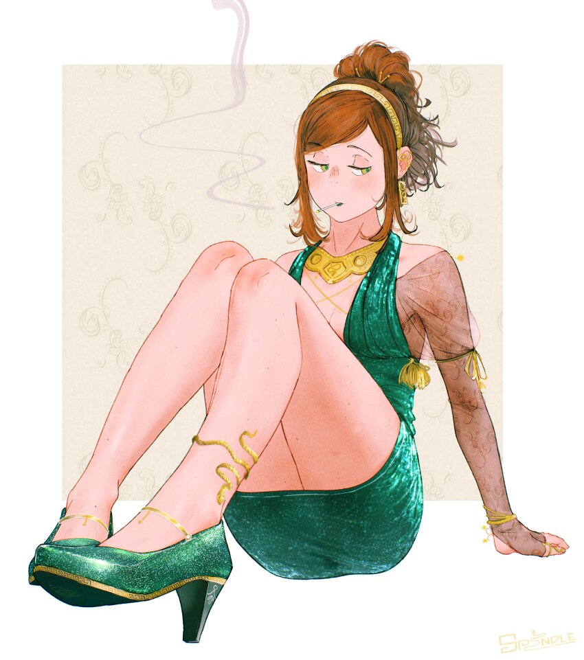 absurdres anklet arm_support artist_name averting_eyes blush body_freckles border bracelet breasts bridal_gauntlets brown_background brown_hair cigarette cleavage commentary dress earrings elbow_gloves feet foot_focus foreshortening freckles gloves gold_anklet gold_bracelet gold_earrings green_dress green_eyes green_lips green_shoes hairband halter_dress halterneck high_heels high_ponytail highres jewelry knee_blush knees_up leaning_back light_blush lipstick looking_to_the_side makeup meandros medium_breasts medium_hair on_ground original ottilie_(spindle_(aidenr0)) outside_border pendant_earring pigeon-toed plunging_neckline ponytail see-through_clothes see-through_gloves shiny_clothes shoes sidelocks signature sitting sleeveless sleeveless_dress smoking spindle_(aidenr0) swept_bangs symbol-only_commentary tassel white_border yellow_hairband