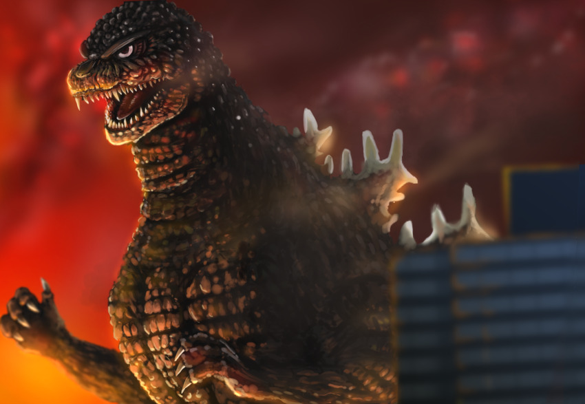 building claws dinosaur fire giant giant_monster godzilla godzilla_(series) kaiju monster night no_humans open_mouth revision roaring sharp_teeth smoke spikes suttoko teeth the_return_of_godzilla toho tongue