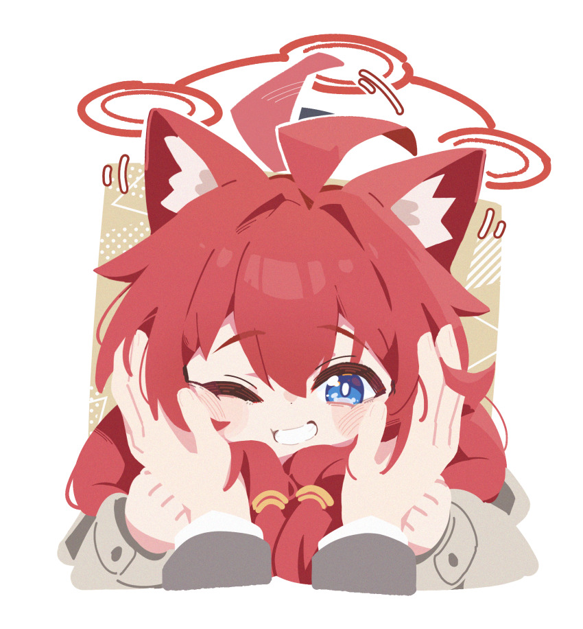 1boy 1girl ahoge ahoge_wag animal_ear_fluff animal_ears blue_archive blue_eyes blush braid bright_pupils brown_jacket expressive_hair halo hands_on_another&#039;s_cheeks hands_on_another&#039;s_face highres jacket maki_(blue_archive) maki_(camp)_(blue_archive) official_alternate_costume official_alternate_hairstyle one_eye_closed patanda red_hair red_halo sensei_(blue_archive) simple_background twin_braids white_background