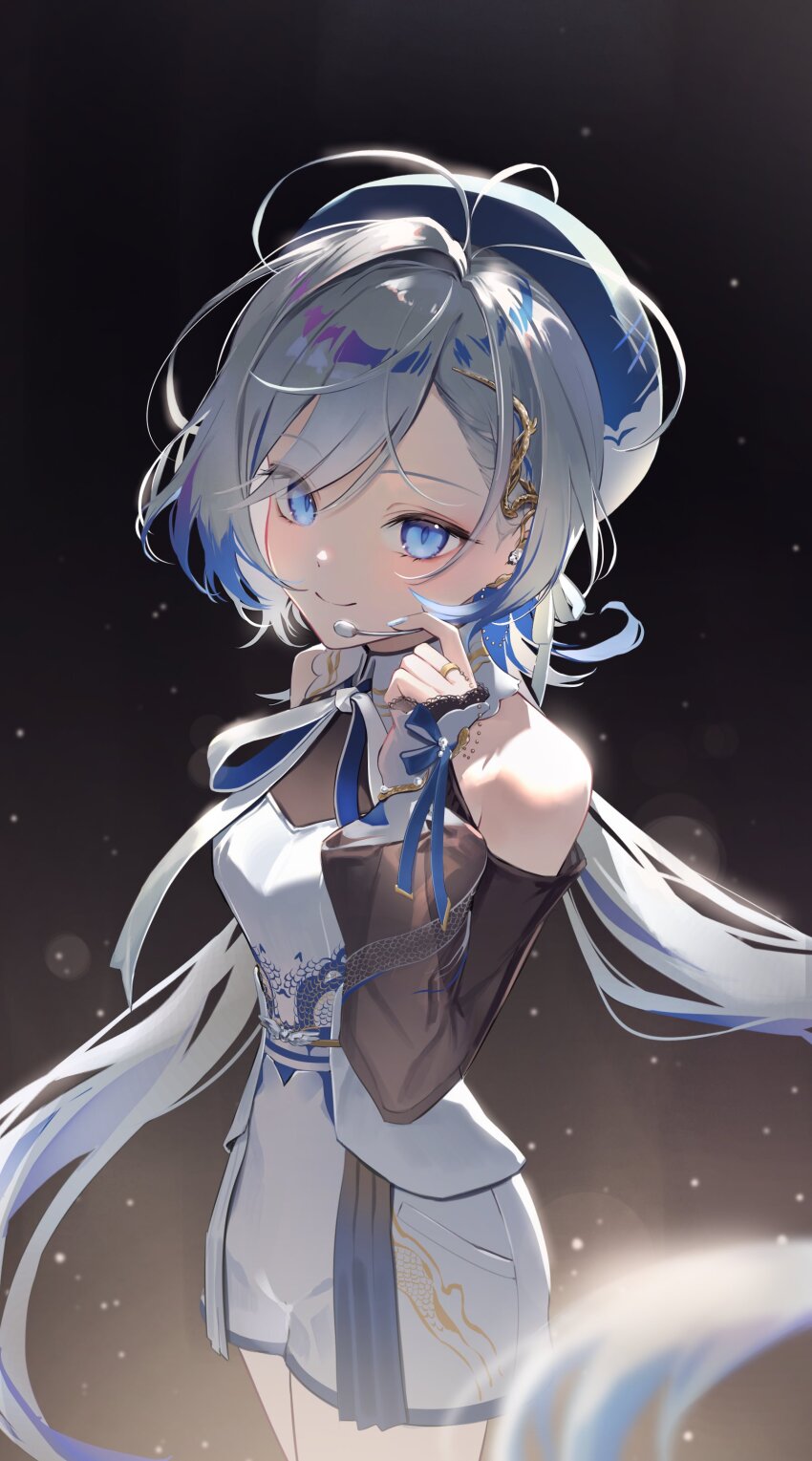 1girl absurdres animal_hair_ornament bare_shoulders bbony_0_0 blue_eyes blue_hat blue_streaks bow clothing_cutout corset fingerless_gloves from_above gloves hair_ornament hat headset hebi_(vtuber) highres holding holding_microphone indie_virtual_youtuber jewelry lace-trimmed_sleeves lace_trim long_hair looking_at_viewer microphone multicolored_hair porcelain qinghua_(porcelain) ribbon ring scale_print see-through_clothes see-through_sleeves shorts shoulder_cutout simple_background snake snake_hair_ornament solo streaked_hair virtual_youtuber white_corset white_hair white_nails white_shorts white_snake