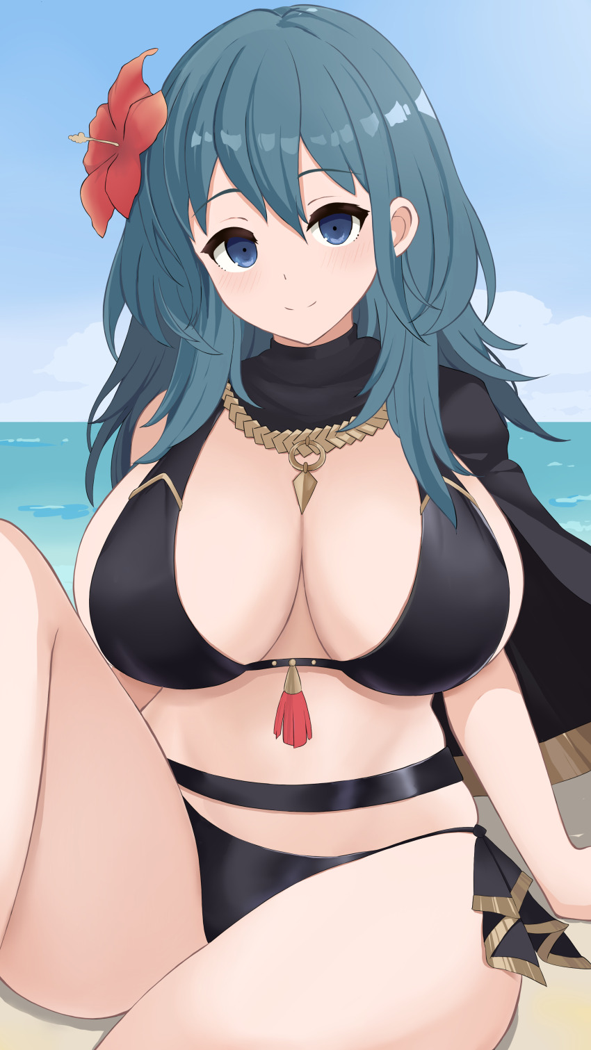 1girl absurdres beach bikini black_bikini black_cape blue_eyes blue_hair blue_sky blush breasts cape cleavage closed_mouth commentary_request female_byleth_(fire_emblem) female_byleth_(summer)_(fire_emblem) fire_emblem fire_emblem:_three_houses fire_emblem_heroes flower hair_flower hair_ornament hibiscus highres huge_breasts kocha_(jgug7553) long_hair looking_at_viewer navel nintendo ocean official_alternate_costume outdoors red_flower sideboob sitting sky smile solo stomach swimsuit thick_thighs thighs water