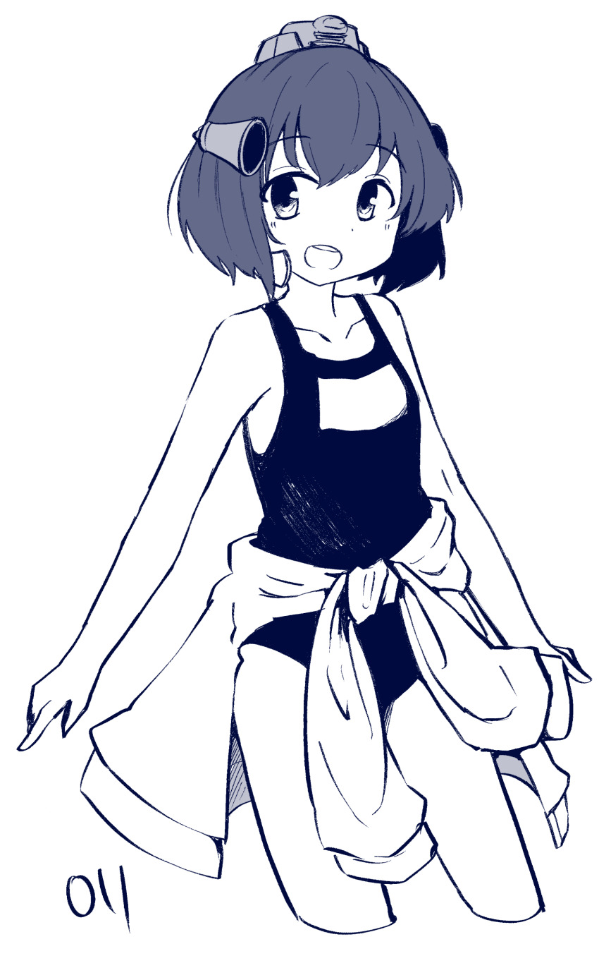 1girl absurdres blue_theme breasts clothes_around_waist collarbone commentary_request cowboy_shot cropped_legs double-parted_bangs flat_chest hair_between_eyes headgear highres jacket jacket_around_waist kantai_collection looking_at_viewer ma_rukan monochrome name_tag open_mouth school_swimsuit short_hair signature simple_background solo swimsuit teeth thighs upper_teeth_only white_background yukikaze_(kancolle) yukikaze_(swimsuit)_(kancolle)