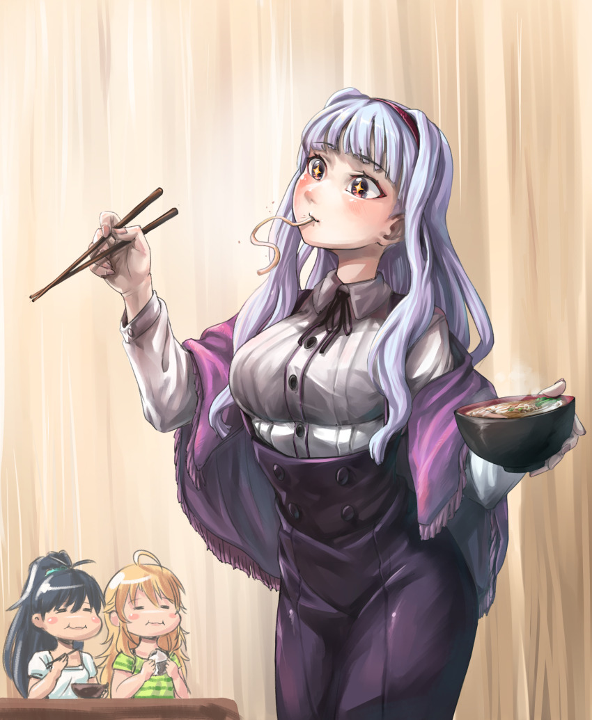 3girls =_= absurdres ahoge black_hair blonde_hair blush bowl breasts chopsticks closed_mouth collared_shirt commentary cowboy_shot dashed_eyes eating english_commentary food ganaha_hibiki green_shirt grey_hair hairband high-waist_skirt high_ponytail highres hold111 holding holding_bowl holding_chopsticks holding_food hoshii_miki idolmaster idolmaster_(classic) long_hair long_sleeves multiple_girls noodles onigiri pink_skirt ponytail project_fairy_(idolmaster) purple_eyes ramen red_hairband shijou_takane shirt short_sleeves skirt standing star-shaped_pupils star_(symbol) striped_clothes striped_shirt symbol-shaped_pupils white_shirt
