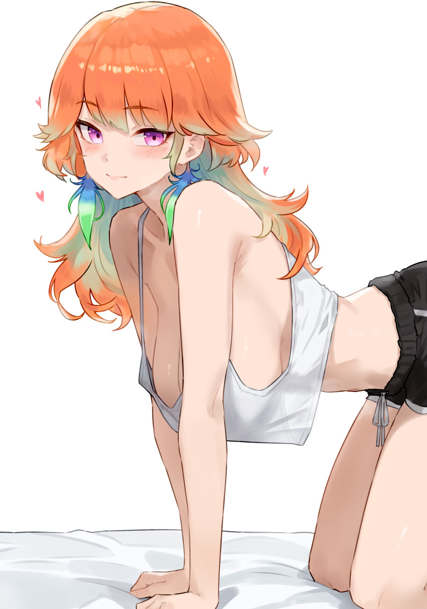 1girl absurdres all_fours bed black_pants black_shorts blue_hair bluefield blush breasts camisole dolphin_shorts earrings feathers hanging_breasts heart highres hololive hololive_english jewelry large_breasts long_hair multicolored_hair on_bed orange_hair pants purple_eyes shirt short_shorts shorts sideboob solo t-shirt takanashi_kiara tank_top virtual_youtuber white_background white_shirt