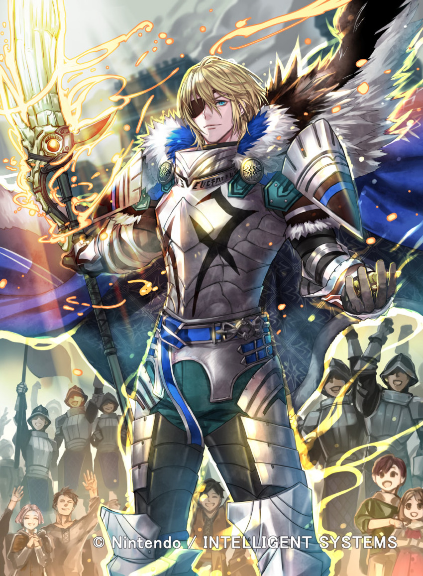 1boy areadbhar_(fire_emblem) armor belt blonde_hair blue_belt blue_cape blue_eyes breastplate cape commentary cowboy_shot crests_(fire_emblem) crowd dimitri_alexandre_blaiddyd dimitri_alexandre_blaiddyd_(timeskip) eyepatch fire_emblem fire_emblem:_three_houses fire_emblem_cipher fur-trimmed_cape fur_trim hair_between_eyes highres holding holding_polearm holding_spear holding_weapon kuroba.k looking_at_viewer nintendo official_art outdoors pauldrons polearm short_hair shoulder_armor spear standing third-party_source weapon