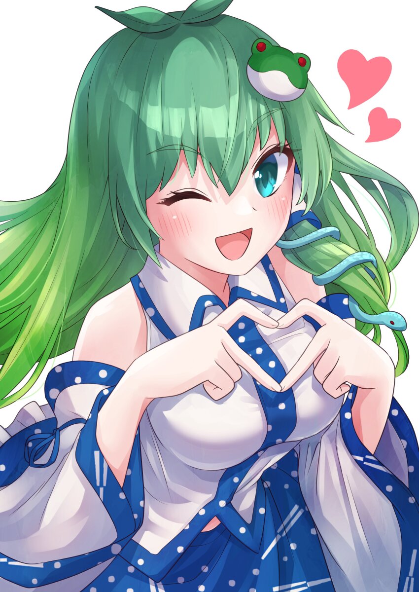1girl absurdres antenna_hair bare_shoulders bent_over blue_skirt blush breasts collared_shirt detached_sleeves duplicate eyelashes feet_out_of_frame four-finger_heart_hands frog_hair_ornament green_eyes green_hair hair_ornament hair_tubes heart heart_hands highres kochiya_sanae large_breasts long_hair long_sleeves looking_at_viewer nontraditional_miko one_eye_closed open_mouth pixel-perfect_duplicate print_skirt ramie_(ramie541) shirt simple_background skirt sleeveless sleeveless_shirt smile snake_hair_ornament solo standing tongue touhou white_background white_shirt wing_collar