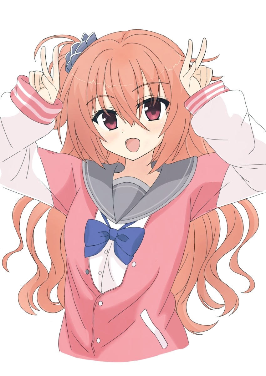 1girl :d blue_bow blue_bowtie blue_scrunchie blush bow bowtie commentary_request cropped_legs double_v eyes_visible_through_hair grey_sailor_collar hair_between_eyes hair_ornament hair_scrunchie hands_up happy highres inaba_meguru jacket letterman_jacket long_hair looking_at_viewer one_side_up open_mouth orange_hair pink_jacket red_eyes sailor_collar sanoba_witch school_uniform scrunchie serafuku simple_background sleeves_past_wrists smile solo upper_body v warm_sheep wavy_hair white_background white_sleeves