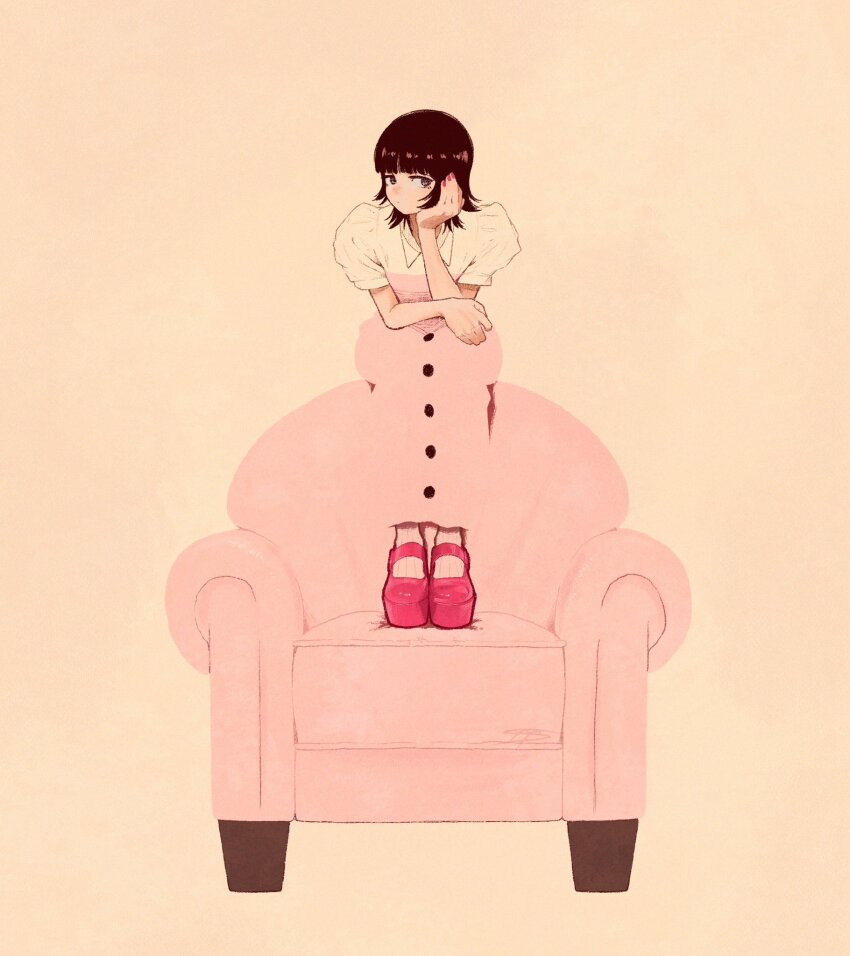 1girl black_hair blending button_up_skirt chair collared_shirt head_rest highres original pink_nails pink_shoes pink_skirt puffy_short_sleeves puffy_sleeves shirt shoes short_hair short_sleeves signature simple_background skirt solo syooooyoooo white_shirt