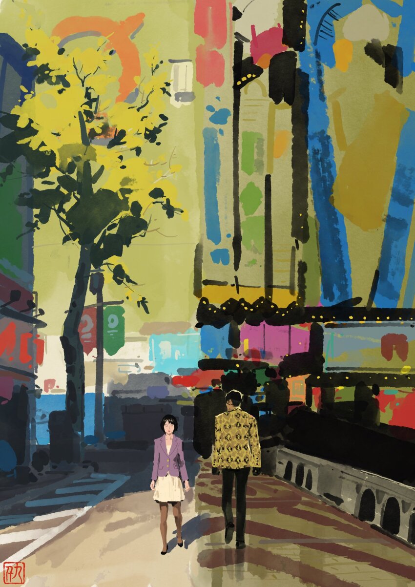 1boy 1girl building city faceless full_body highres majima_goro neo1900 road ryuu_ga_gotoku_(series) ryuu_ga_gotoku_1 scenery side-by-side street tree