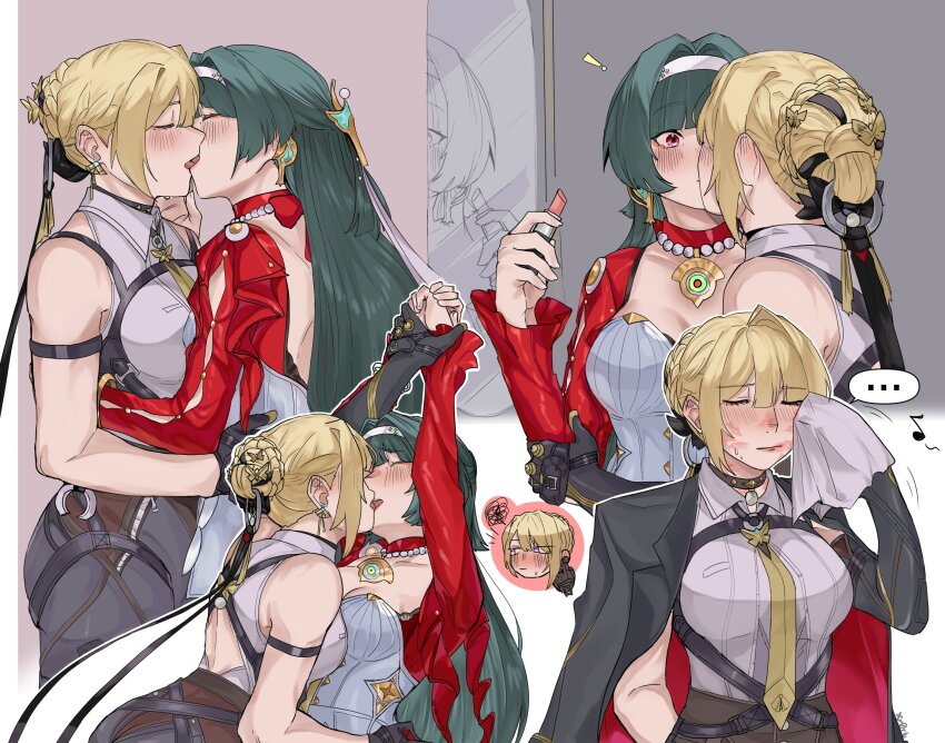 1girl 2girls astra_yao black_hair breasts cosmetics earrings elbow_gloves evelyn_chevalier french_kiss gloves hairband half_gloves high-waist_pants highres jacket jewelry kiss lipstick_mark lipstick_tube long_hair multiple_girls necktie pants red_eyes red_jacket ring_hair_ornament single_elbow_glove single_half_glove tight_clothes tight_pants uneven_bangs white_hairband xy0rb yellow_necktie yuri zenless_zone_zero