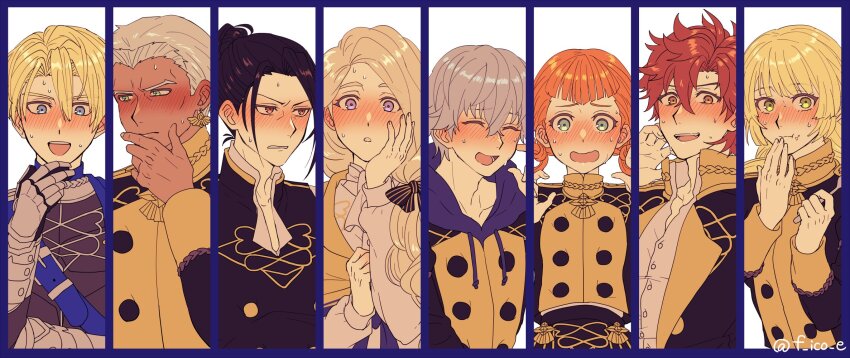 3girls 5boys annette_fantine_dominic aqua_eyes arm_up armored_gloves ascot ashe_ubert belt black_gloves black_hair black_ribbon black_shirt blonde_hair blue_belt blue_border blue_cape blue_eyes blue_hood blunt_bangs blush border buttons cape chest_belt clasp clenched_hand clenched_teeth closed_eyes collarbone collared_shirt commentary dark-skinned_male dark_skin dedue_molinaro dimitri_alexandre_blaiddyd ear_piercing earrings eating embarrassed f_ico_e felix_hugo_fraldarius finger_to_face fire_emblem fire_emblem:_three_houses food food_on_face fork garreg_mach_monastery_uniform gloves gold_trim gold_wrist_cuffs green_eyes hair_behind_ear hair_between_eyes hair_bun hair_ribbon hair_rings hand_to_own_mouth hands_up high_collar highres holding holding_fork hood ingrid_brandl_galatea jacket jewelry lapels layered_clothes looking_ahead looking_at_viewer looking_to_the_side mercedes_von_martritz multiple_boys multiple_girls nintendo open_clothes open_collar open_jacket open_mouth orange_eyes orange_hair piercing purple_eyes red_hair ribbon shawl shirt side_cape side_ponytail sideways_glance silver_trim simple_background single_earring single_hair_bun striped_ribbon sweat sweatdrop sylvain_jose_gautier teeth twitter_username undershirt upper_body upper_teeth_only white_ascot white_background white_hair white_shirt wrist_cuffs yellow_shawl