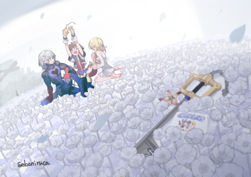 1girl 2boys :d arms_up barefoot belt black_bodysuit blonde_hair blue_belt blue_footwear blush bodysuit boots brown_hair clenched_hand closed_eyes closed_mouth commentary_request drawing_(object) dress flower gloves grey_hair hand_on_ground holding keyblade kingdom_hearts kingdom_hearts:_chain_of_memories kneeling long_hair medium_hair multiple_boys namine on_ground open_mouth pants red_pants red_shirt riku_replica seboniruca shirt shoes short_hair sitting smile sora_(kingdom_hearts) spiked_hair star_(symbol) white_dress white_flower white_gloves white_petals white_theme yellow_boots