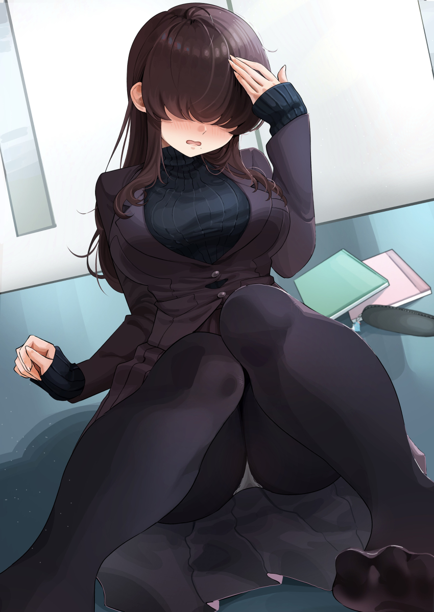 1girl absurdres black_sweater blush book breasts brown_hair covered_eyes hair_over_eyes highres kakure_meme kimi_no_koto_ga_dai_dai_dai_dai_daisuki_na_100-nin_no_kanojo large_breasts long_hair open_mouth panties pantyhose pantyshot perapera_o2 pleated_skirt ribbed_sweater shadow skirt sleeves_past_wrists solo sweater toes underwear white_panties