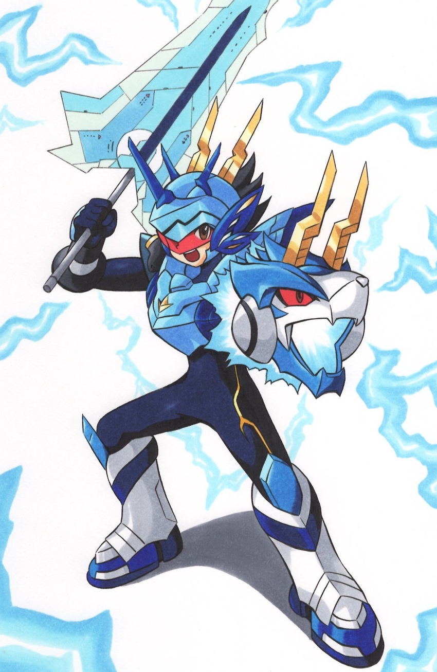 ajikeneko armor assault_visor azure_striker_gunvolt azure_striker_gunvolt_3 black_hair blue_armor blue_bodysuit bodysuit colored_sclera electricity full_body fusion gunvolt highres holding holding_sword holding_weapon horns mega_man_(series) mega_man_star_force_(series) multiple_heads red-tinted_eyewear red_eyes red_sclera simple_background spiked_hair star_force_mega_man sword tinted_eyewear traditional_media weapon white_background