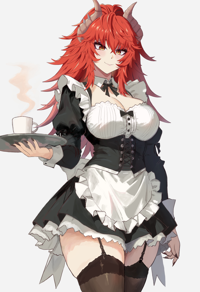 1girl absurdres alternate_costume apron black_dress black_garter_straps black_nails black_thighhighs breasts cleavage closed_mouth dragon_girl dragon_horns dress garter_straps highres holding holding_tray horns indie_virtual_youtuber large_breasts looking_at_viewer maid maid_apron meibin nail_polish red_hair smile solo thighhighs tray virtual_youtuber yellow_eyes zentreya zentreya_(dragon)