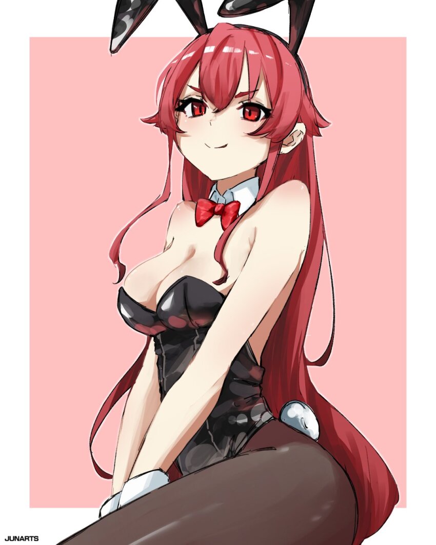 1girl animal_ears ass bare_shoulders black_pantyhose bow bowtie breasts cleavage detached_collar eris_greyrat fake_animal_ears fake_tail hair_between_eyes highres junarts leotard long_hair medium_breasts mushoku_tensei pantyhose playboy_bunny rabbit_tail red_eyes red_hair sidelocks simple_background smirk solo tail wrist_cuffs
