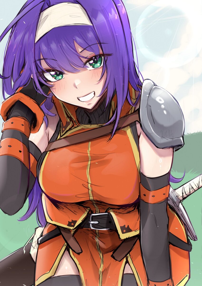 1girl adjusting_hair bare_shoulders black_thighhighs blue_hair breasts detached_sleeves dress fire_emblem fire_emblem:_path_of_radiance fire_emblem:_radiant_dawn gloves green_eyes grin hairband headband highres long_hair looking_at_viewer medium_breasts mia_(fire_emblem) nintendo orange_dress purple_hair smile solo thighhighs thighs vialnite white_hairband white_headband