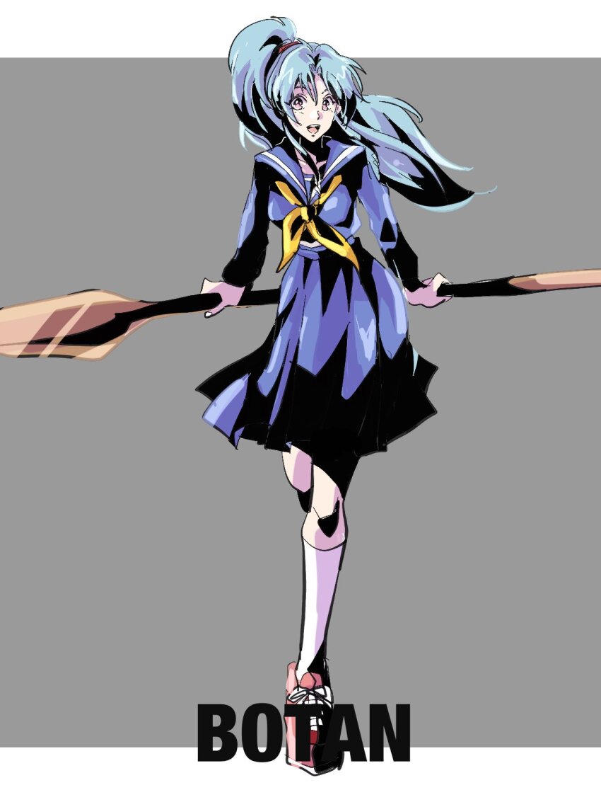 1girl blue_hair botan_(yu_yu_hakusho) full_body highres long_hair long_skirt long_sleeves looking_at_viewer motsutei oar open_mouth pleated_skirt ponytail school_uniform skirt smile solo yuu_yuu_hakusho