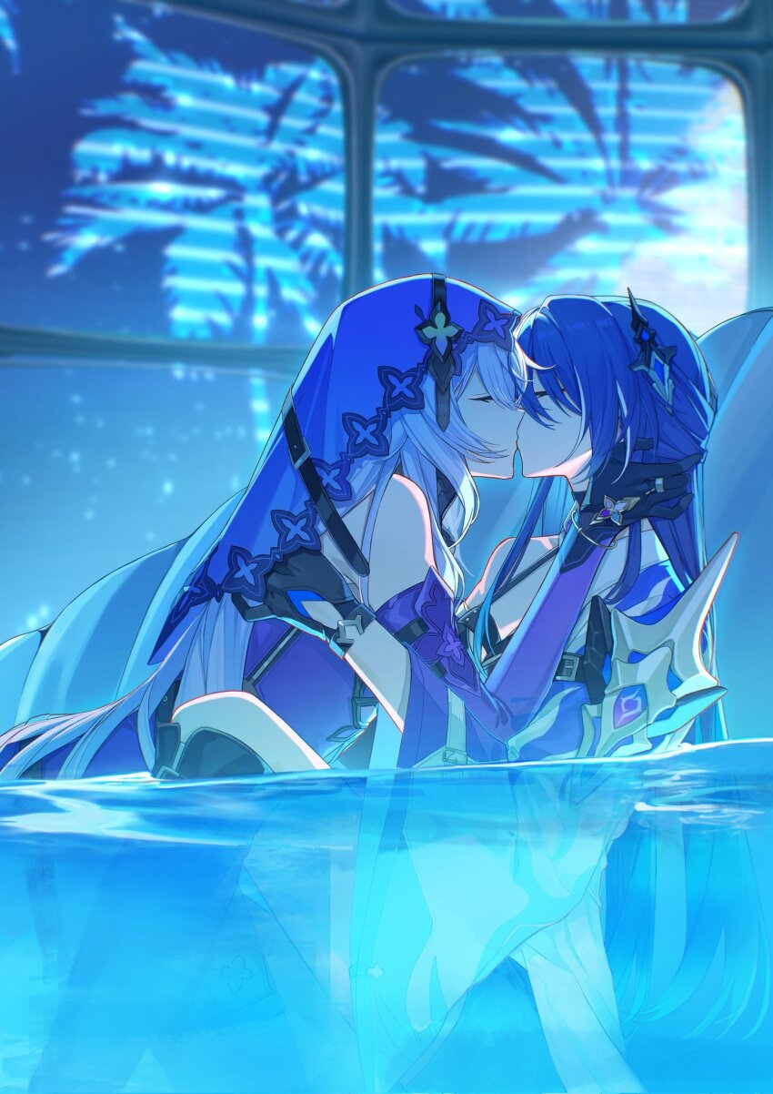 2girls acheron_(honkai:_star_rail) black_swan_(honkai:_star_rail) blue_xi breasts closed_eyes highres honkai:_star_rail honkai_(series) hug kiss long_hair medium_breasts multiple_girls purple_eyes purple_hair sitting water wet yuri