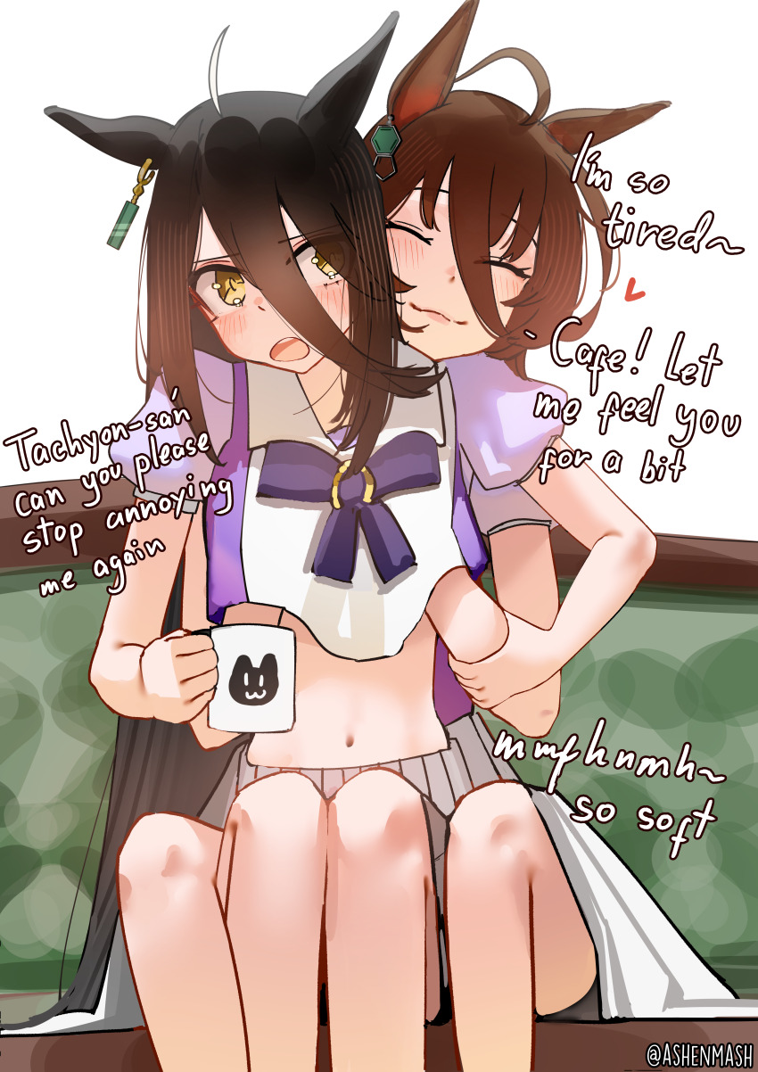 2girls absurdres agnes_tachyon_(umamusume) ahoge animal_ears animal_print ashenmash black_hair brown_hair cat_print chemical_structure closed_eyes closed_mouth cropped_shirt cup ear_ornament ear_tag earrings english_text flustered grabbing_another&#039;s_arm grabbing_from_behind grey_skirt groping hair_between_eyes hand_under_clothes hand_under_shirt hands_up heart highres holding holding_cup horse_ears horse_girl horse_tail huge_ahoge jewelry long_bangs long_hair_between_eyes looking_at_another manhattan_cafe_(umamusume) multicolored_hair multiple_girls navel open_mouth puffy_short_sleeves puffy_sleeves shirt short_sleeves single_earring sitting skirt smile tail twitter_username umamusume white_hair yellow_eyes yuri