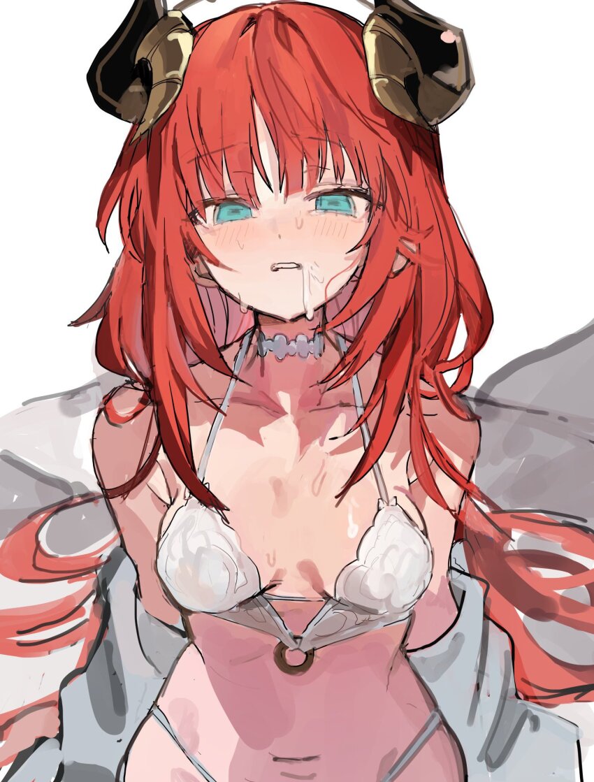 1girl aqua_eyes bikini blush breasts choker cleavage commentary_request genshin_impact highleg highleg_bikini highres horns korean_commentary long_hair looking_at_viewer medium_breasts nilou_(genshin_impact) o-ring o-ring_bikini open_clothes parted_lips qqkkay red_hair simple_background solo swimsuit very_long_hair white_background white_bikini white_choker
