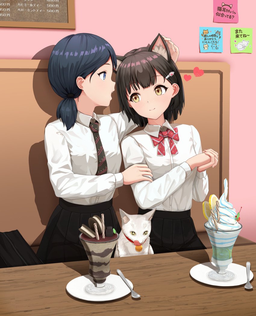2girls absurdres animal_ear_fluff animal_ears black_hair blue_eyes bow bowtie breasts brown_hair cat collared_shirt fake_animal_ears hair_behind_ear highres hina_saori_(himitsu) indoors long_hair medium_hair milkshake multiple_girls necktie original pleated_skirt ponytail shirt sitting skirt small_breasts wanliu white_shirt yellow_eyes