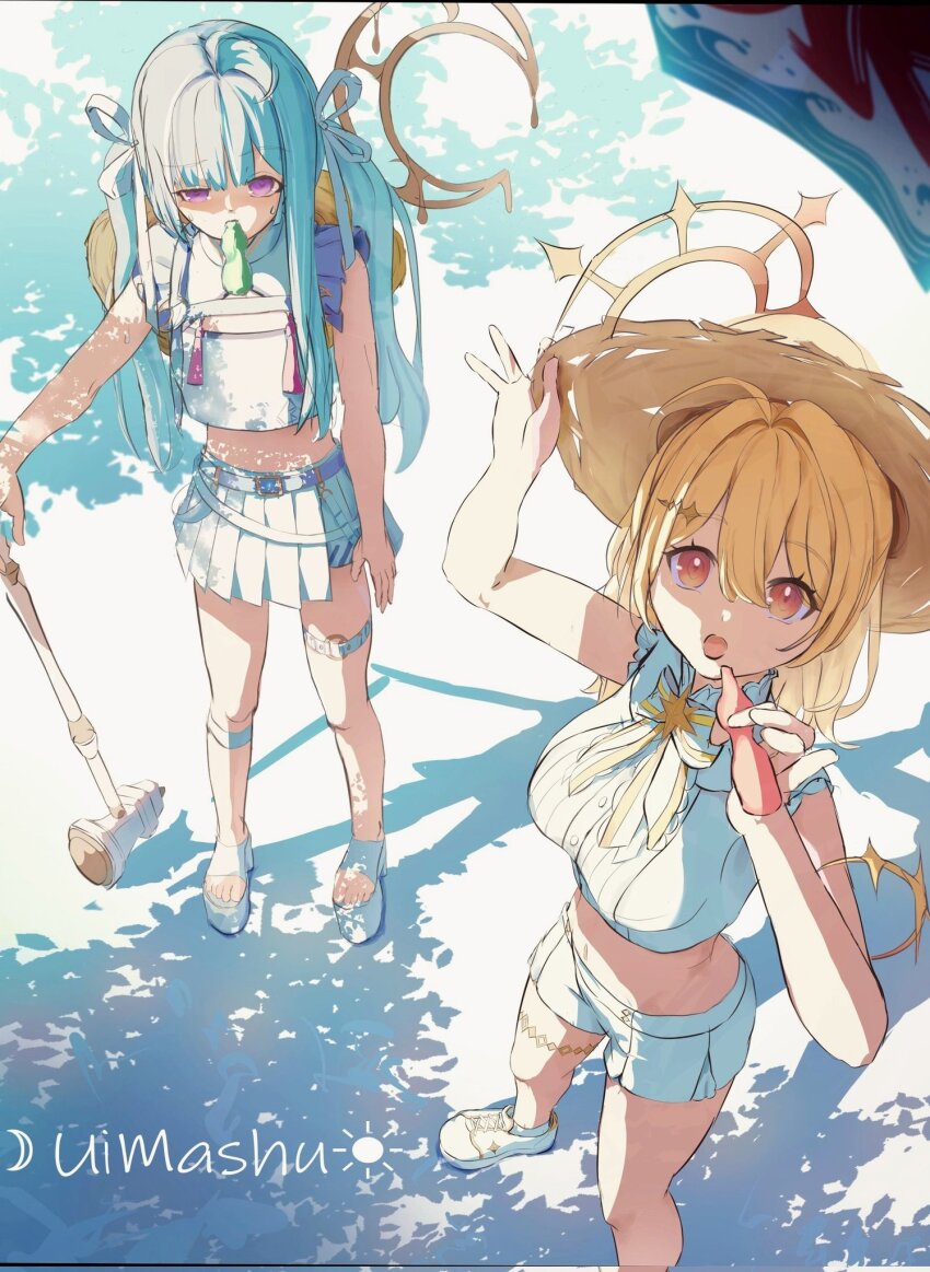 2girls ahoge amaui amaui_(2nd_costume) blonde_hair blue_hair blunt_bangs botan_(oacdrykafjf3g3d) breasts commentary_request full_body hair_intakes halo hammer hat highres hinata_mashu hinata_mashu_(2nd_costume) holding holding_hammer large_breasts long_hair looking_at_viewer medium_hair multiple_girls nanashi_inc. open_mouth orange_eyes orange_halo platform_sandals pleated_skirt purple_eyes raised_eyebrow sandals shirt shoes shorts skirt sleeveless sleeveless_shirt straw_hat sun_hat tupet twintails virtual_youtuber white_sandals white_shirt white_shoes white_shorts white_skirt