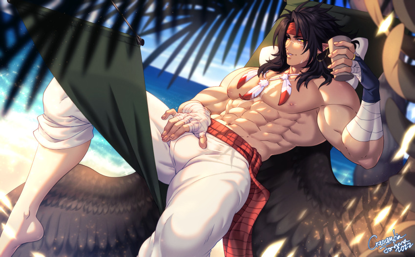 1boy abs bandages bara beach black_hair brown_wings bulge come_hither crescentia_fortuna crotch_grab feather_necklace feathered_wings fire_emblem fire_emblem:_radiant_dawn foot_out_of_frame from_side headband jewelry large_pectorals looking_at_viewer male_focus muscular muscular_male navel necklace nintendo nipples pectorals pointy_ears scar seductive_smile smile solo stomach thick_eyebrows thick_thighs thighs tibarn_(fire_emblem) topless_male wings yellow_eyes