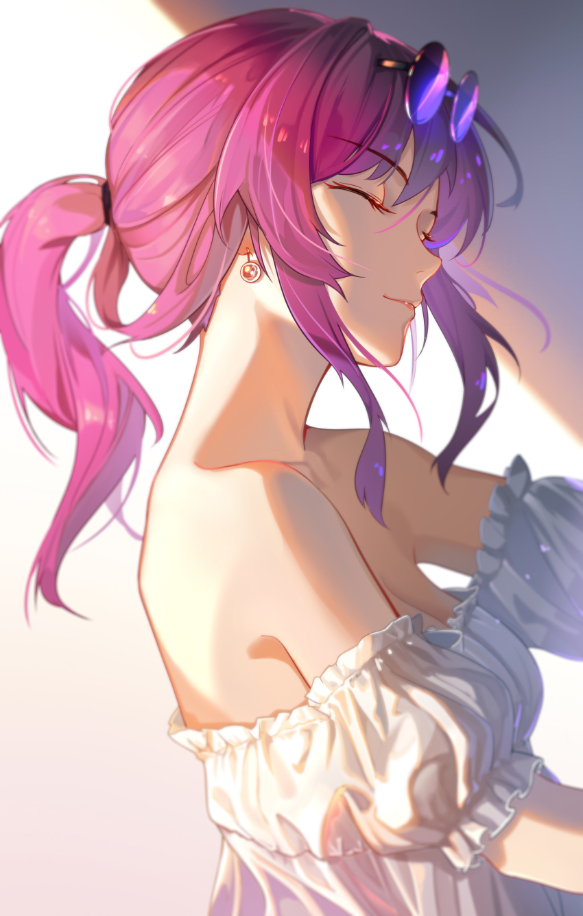 1girl ^_^ absurdres alternate_costume bare_shoulders breasts cleavage closed_eyes earrings eyewear_on_head highres honkai:_star_rail honkai_(series) jewelry kafka_(honkai:_star_rail) long_hair off-shoulder_shirt off_shoulder ponytail puffy_short_sleeves puffy_sleeves purple_hair shirt short_sleeves sidelocks smile solo sunglasses upper_body white_shirt zuiai_gongzhu_dianxia
