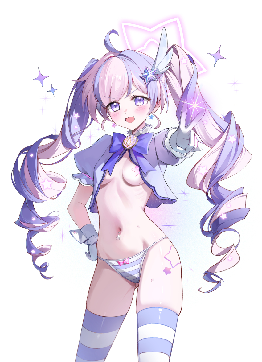1girl :d absurdres ahoge arm_up blue_archive blush bow bow_panties bowtie breasts commentary contrapposto crop_top dot_nose drill_hair earrings feather_hair_ornament gem glint gloves gluteal_fold hair_ornament halo hand_on_own_hip hand_up highres jacket jewelry jogabi leg_tattoo light_particles loli long_hair looking_at_viewer magical_girl multicolored_hair navel open_mouth panties pasties pink_bow pink_hair puffy_short_sleeves puffy_sleeves purple_bow purple_bowtie purple_eyes purple_gemstone purple_hair purple_halo purple_jacket purple_panties purple_thighhighs reisa_(blue_archive) reisa_(magical)_(blue_archive) short_sleeves simple_background skindentation small_breasts smile solo sparkle standing star_(symbol) star_earrings star_hair_ornament star_halo star_pasties stomach string_panties striped_clothes striped_panties striped_thighhighs tattoo thighhighs thighs twin_drills twintails two-tone_panties two-tone_thighhighs underwear v v-shaped_eyebrows very_long_hair white_background white_gloves wrist_cuffs zettai_ryouiki
