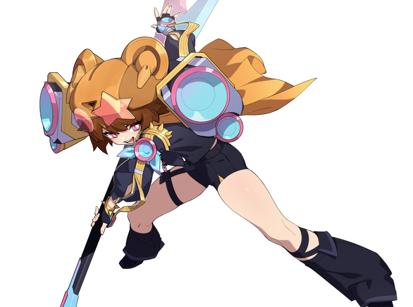 1girl animal_ears armor bear_ears beat_axe beat_buckle bike_shorts black_footwear black_shirt boots bright_pupils brown_hair fang fingerless_gloves genderswap genderswap_(mtf) gloves goz-zz guitar hat highres holding holding_instrument instrument jacket kamen_rider kamen_rider_geats_(series) kamen_rider_punkjack long_sleeves open_mouth pink_eyes rider-tan shirt shoes short_hair shorts smile solo speaker spikes strap thigh_strap white_background
