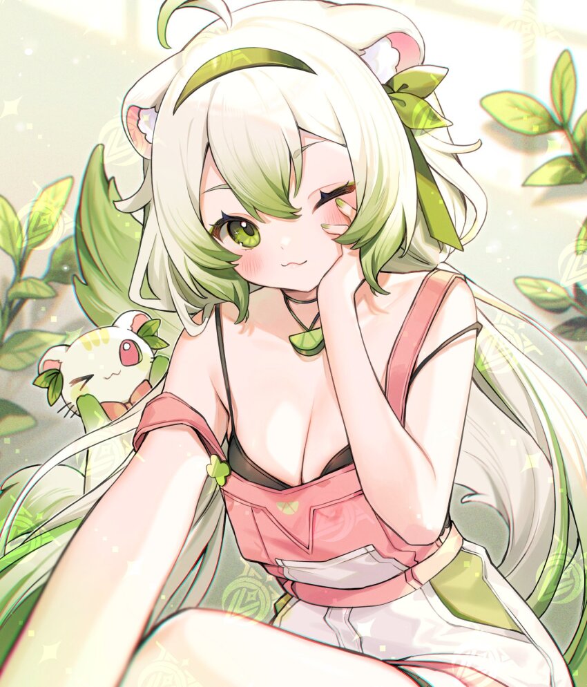 1boy 1girl ahoge animal_ears bare_shoulders blush bow bowtie bra_strap breasts cleavage ferret ferret_ears ferret_girl ferret_tail food fruit gradient_hair green_eyes green_hair green_nails green_tail hairband hand_on_own_face highres indie_virtual_youtuber laimu_(vtuber) laimu_(vtuber)_(cozy) leaf lime_(fruit) lime_necklace lime_slice limon_(laimu) medium_breasts multicolored_hair multicolored_tail official_art one_eye_closed outstretched_arm overalls pink_bow pink_bowtie pink_overalls plant ribbon sunlight tail thighs twintails two-tone_hair uwu vinesauce virtual_youtuber white_hair white_tail yenkoes