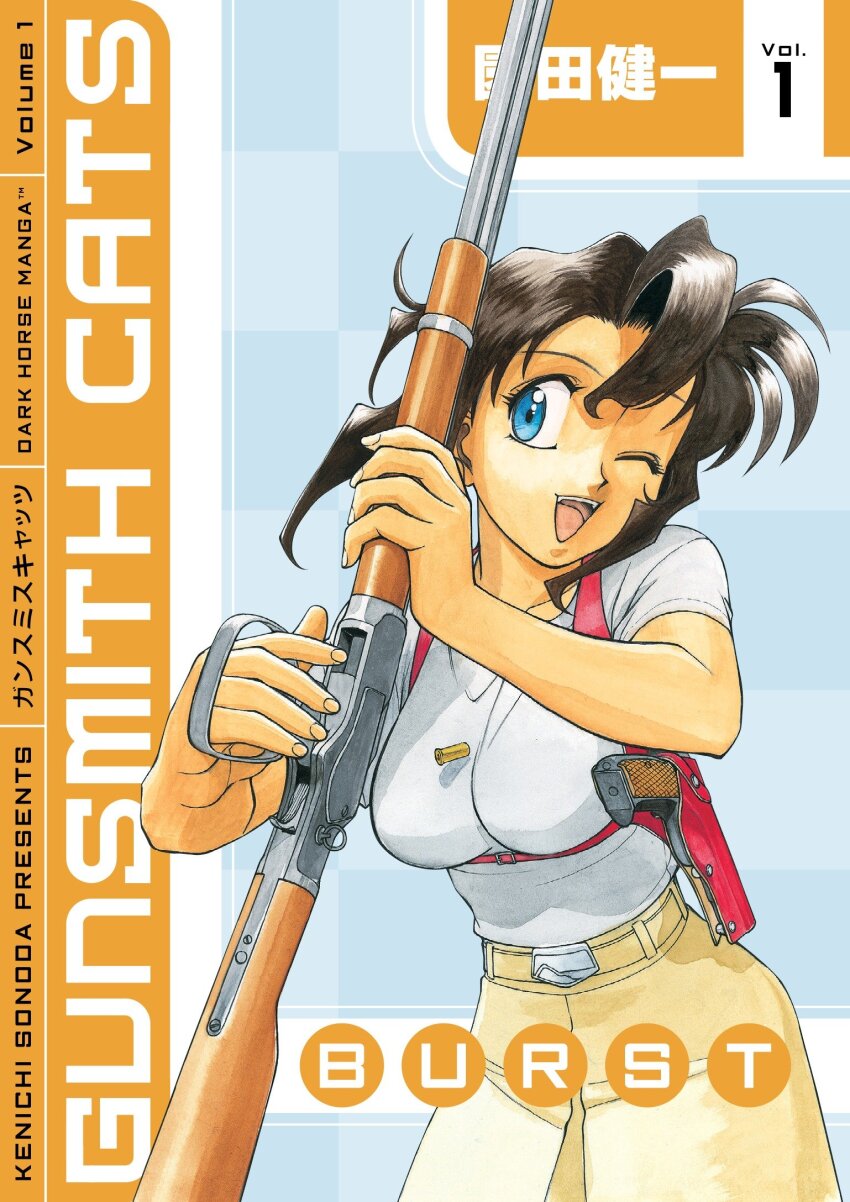 1girl :d aiming_up artist_name belt belt_buckle black_hair blue_background blue_eyes bob_cut breasts brown_belt brown_skirt buckle checkered_background chest_harness copyright_name cover cover_page cowboy_shot cz_75 english_text eyelashes floating_hair front_slit gun gunsmith_cats hair_between_eyes handgun harness highres holding holding_gun holding_weapon holster impossible_clothes impossible_shirt inverted_bob leaning_forward lever_action manga_cover medium_breasts mixed-language_text numbered official_art one_eye_closed open_mouth pistol rally_vincent rifle romaji_text shell_casing shirt short_hair short_sleeves shoulder_holster sidelocks skirt smile solo sonoda_ken&#039;ichi standing t-shirt teeth title translated two-handed upper_teeth_only wavy_hair weapon weapon_request white_shirt yellow_theme