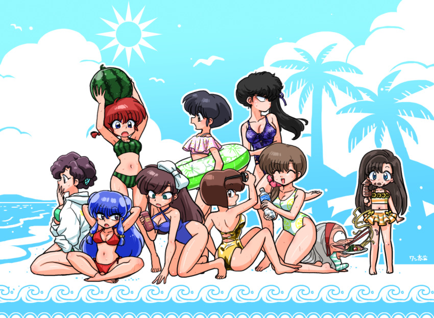 ass bare_legs barefoot bikini bob_cut braid cologne_(ranma_1/2) food food_print fruit genderswap genderswap_(mtf) huge_ass kunou_kodachi kuonji_ukyou long_hair mother_and_daughter ninomiya_hinako one-piece_swimsuit ranma-chan ranma_1/2 red_hair saotome_nodoka saotome_ranma shampoo_(ranma_1/2) short_hair single_braid sitting swimsuit tendou_akane tendou_kasumi tendou_nabiki very_long_hair wanta_(futoshi) watermelon watermelon_print