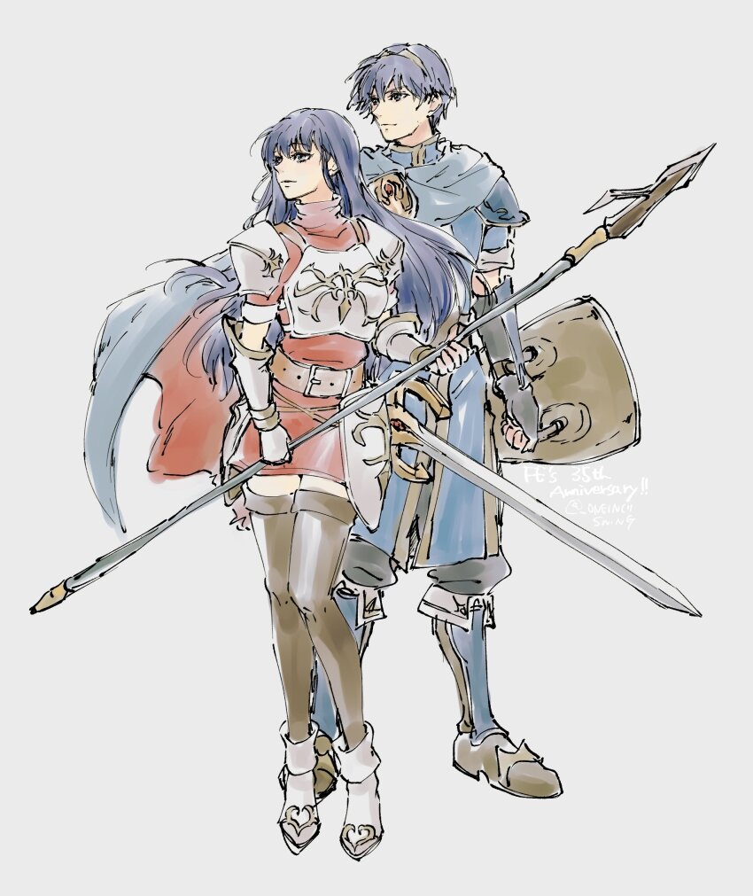 1boy 1girl absurdres armor belt blue_eyes blue_hair boots breastplate brooch caeda_(fire_emblem) cape dress elbow_gloves falchion_(fire_emblem) fingerless_gloves fire_emblem fire_emblem:_mystery_of_the_emblem gauntlets gloves headband highres holding holding_sword holding_weapon jewelry long_hair marth_(fire_emblem) nintendo polearm shield short_hair shoulder_armor spear sword thighhighs tunic two-sided_cape two-sided_fabric umi_(_oneinchswing) weapon