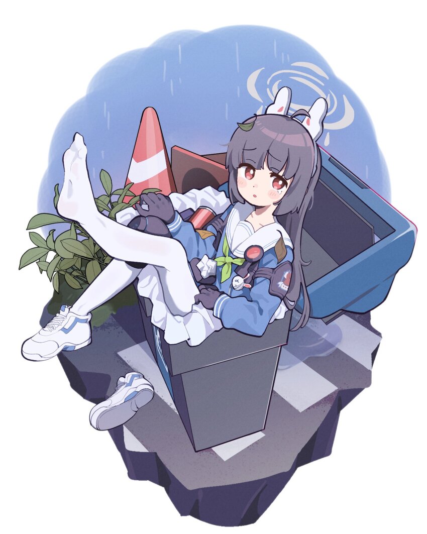 1girl animal_ears black_gloves black_hair blue_archive blue_serafuku blunt_bangs blush_stickers bright_pupils commentary_request ebfried66 fake_animal_ears feet full_body furrowed_brow gloves green_neckerchief grey_halo halo highres in_container in_trash_can knee_pads knees_together_feet_apart leaf leaf_on_head long_hair long_sleeves looking_at_viewer miyu_(blue_archive) neckerchief no_shoes open_mouth outdoors pantyhose rabbit_ears rain recycle_bin red_eyes sailor_collar school_uniform serafuku single_knee_pad sitting soles solo straight_hair toes trash_can white_pantyhose white_pupils white_sailor_collar