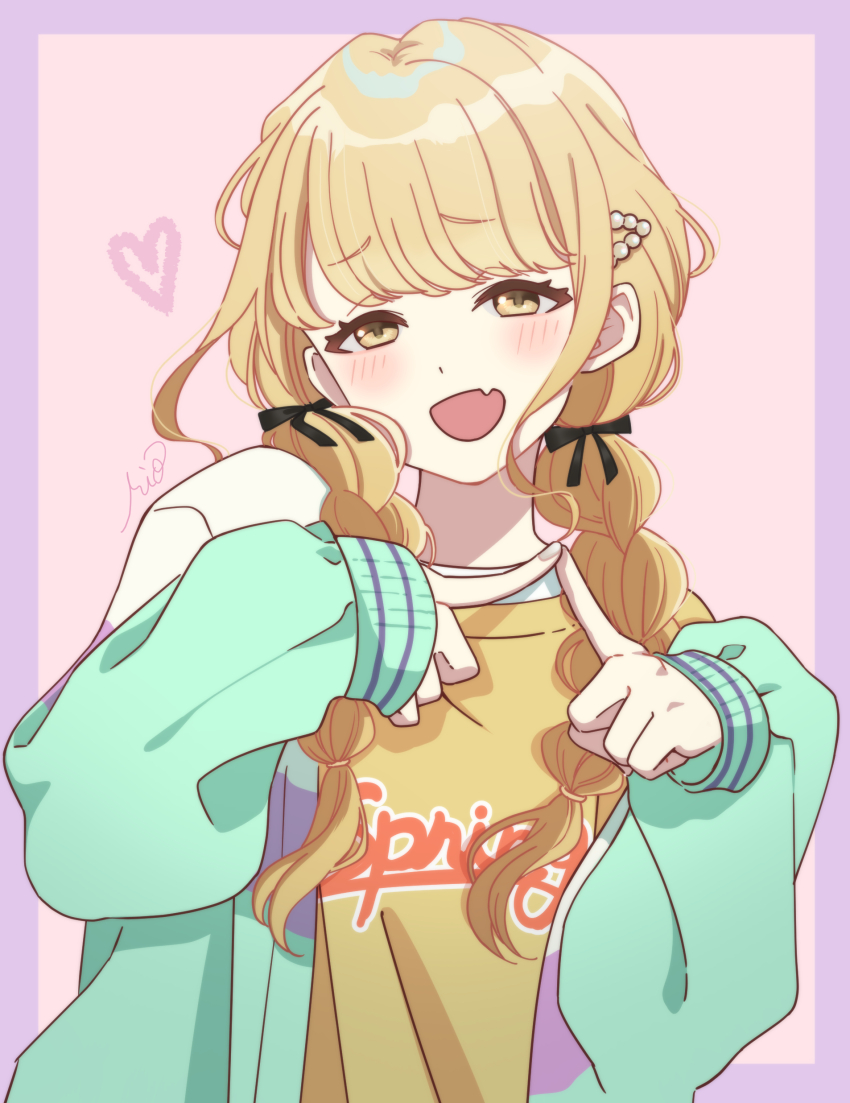 1girl absurdres black_ribbon blonde_hair border braid fang fujita_kotone gakuen_idolmaster green_jacket hair_ribbon half-closed_eyes heart highres idolmaster index_fingers_together jacket long_hair long_sleeves looking_at_viewer low_twintails open_clothes open_jacket open_mouth pink_background purple_border ribbon rio30 shirt signature simple_background skin_fang smile solo t-shirt twin_braids twintails upper_body yellow_eyes yellow_shirt