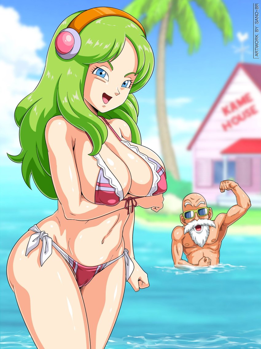 1boy 1girl absurdres armpits bald beach beard bikini blue_eyes blurry breast_hold breasts brianne_de_chateau cameltoe cleavage cloud coconut_tree colored_eyebrows day depth_of_field dragon_ball dragon_ball_super facial_hair front-tie_bikini_top front-tie_top green_hair hairband highres house island kame_house long_hair medium_breasts muscular muscular_male mustache muten_roushi navel netorare ocean old old_man open_mouth outdoors palm_tree revealing_clothes sano_br side-tie_bikini_bottom sideboob sky smile sunglasses swimsuit tree wading water weather_vane white_beard white_facial_hair