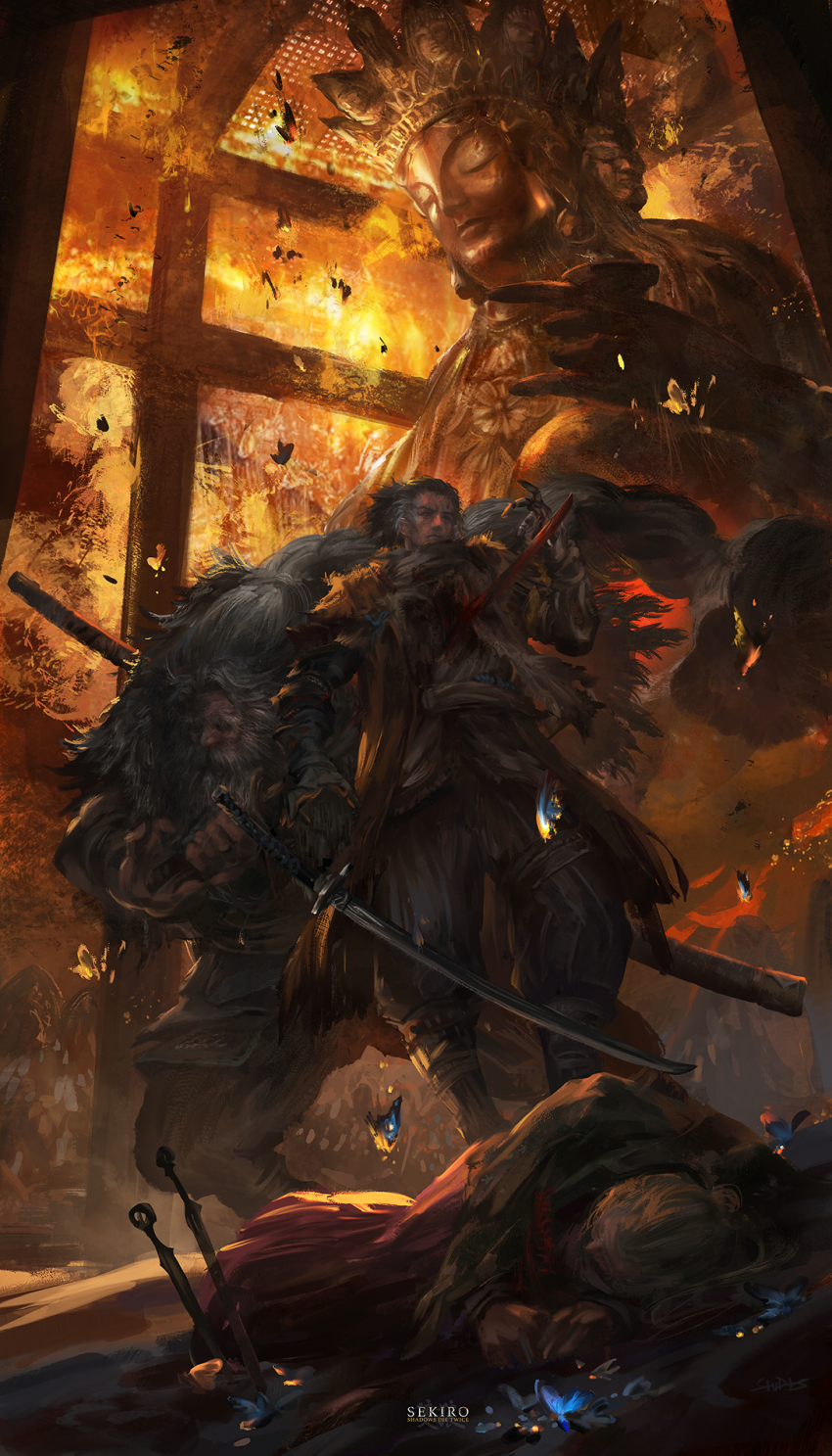 1girl 2boys artist_name backstab beard black_hair blood bloody_weapon bug burning butterfly capelet commentary copyright_name corpse dropping dying facial_hair full_body great_shinobi_owl green_capelet grey_hair haori highres holding holding_sword holding_weapon impaled insect japanese_clothes katana lady_butterfly long_hair looking_down multicolored_hair multiple_boys ninja old old_man open_hands planted ponytail pool_of_blood prosthesis prosthetic_arm scarf sekiro sekiro:_shadows_die_twice sheath sheathed short_hair short_ponytail spoilers stab standing statue streaked_hair stu_dts sword very_long_hair weapon weapon_on_back