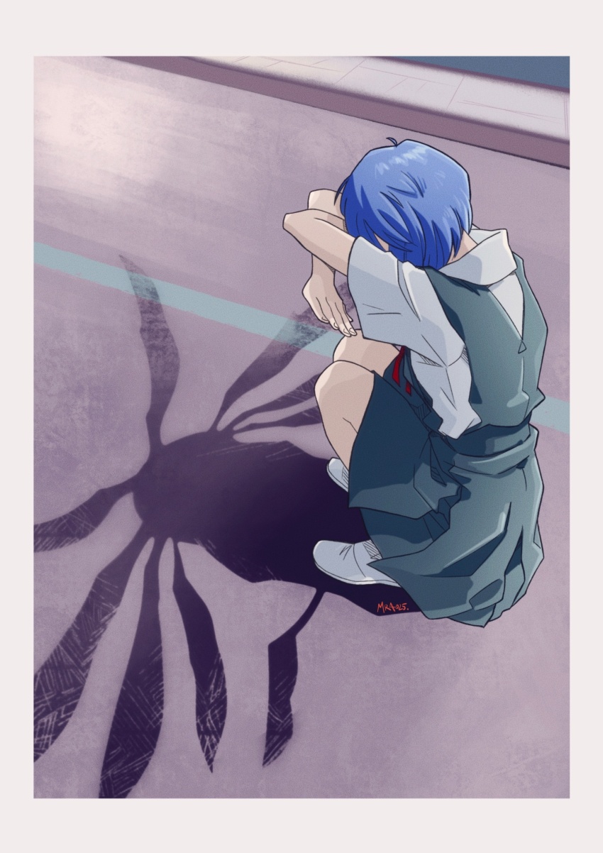 1girl arms_up ayanami_rei blue_hair cat_shadow_puppet_(meme) highres lilith_(ayanami_rei) meme mra-artworks neon_genesis_evangelion road school_uniform shadow short_hair simple_background skirt solo squatting street suspender_skirt suspenders thighhighs tokyo-3_middle_school_uniform